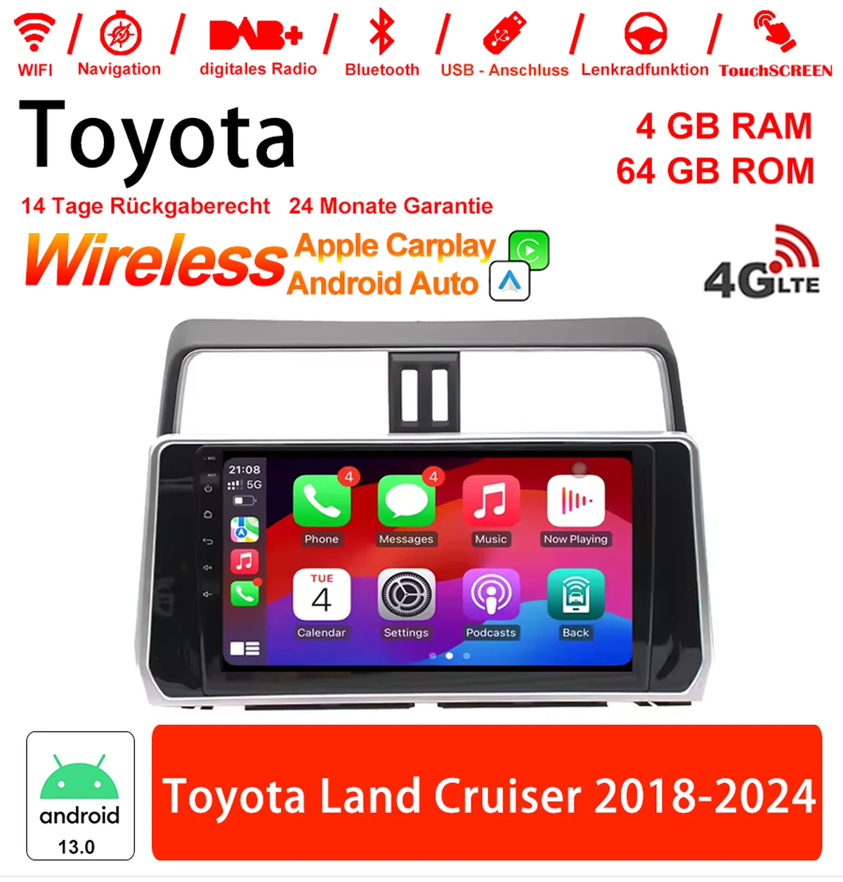 10 inch Android 13.0 car radio / multimedia 4GB RAM 64GB ROM for Toyota Land Cruiser 2018-2024
