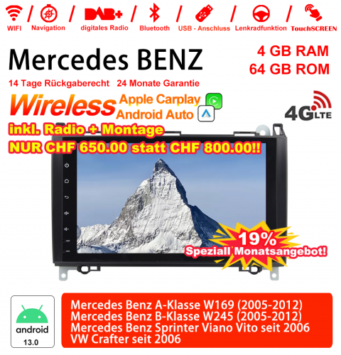 9 pouces Android 13.0 4G LTE Autoradio 4GB RAM 64GB ROM pour BENZ A-Klasse W169, B-Klasse W245, Sprinter Viano Vito, VW Carplay intégre /Android Auto