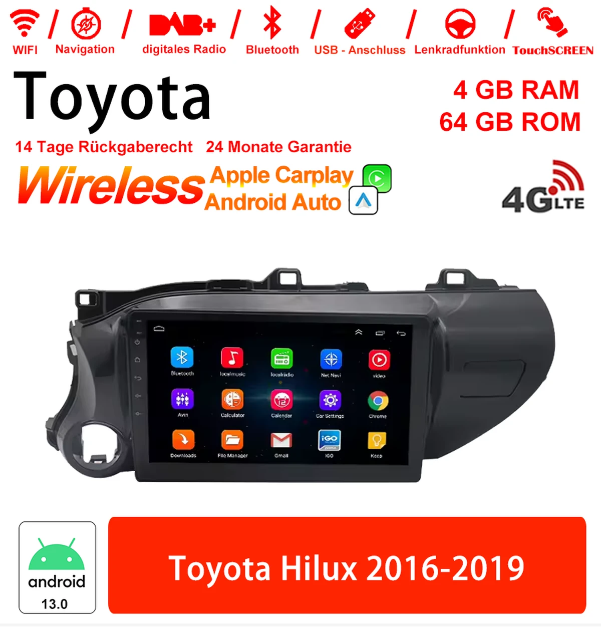 10 inch Android 13.0 car radio / multimedia 4GB RAM 64GB ROM for Toyota Hilux 2016-2019