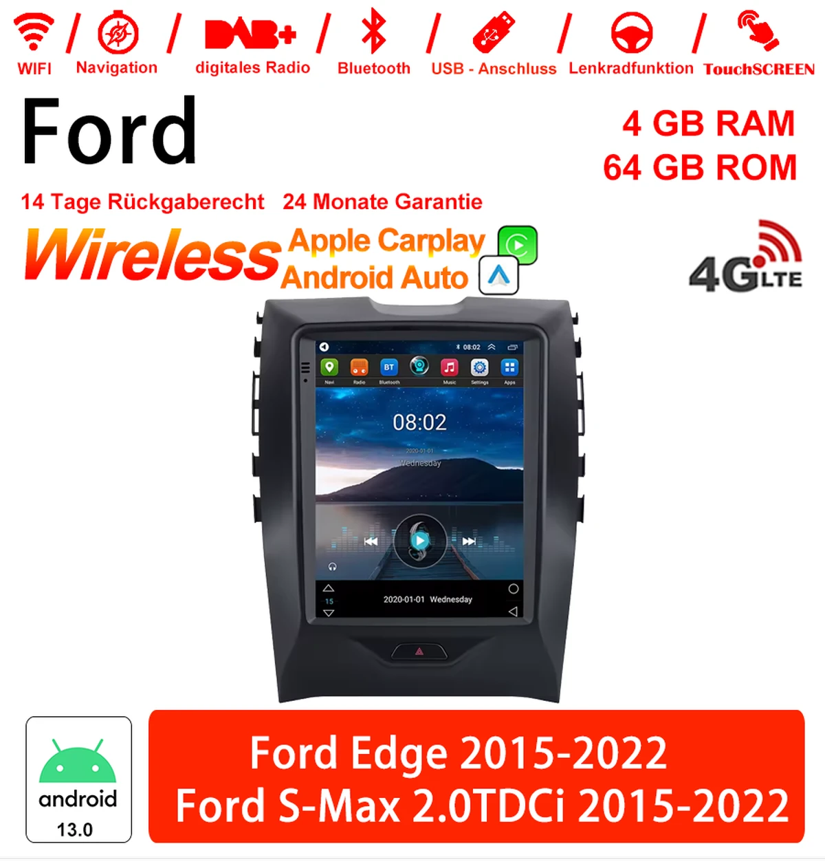 12 inch Android 13.0 car radio / multimedia 4GB RAM 64GB ROM for Ford S-Max 2.0TDCi Ford Edge 2015-2022