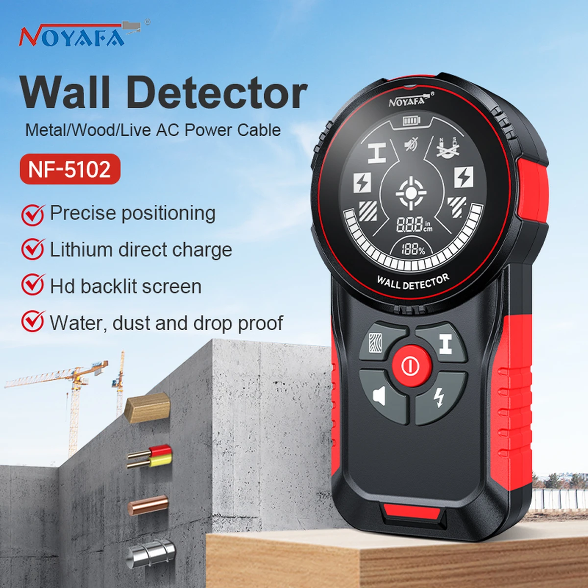 Détecteur mural NOYAFA NF-5102, traqueur de câble/mur AC en métal/bois avec écran VA