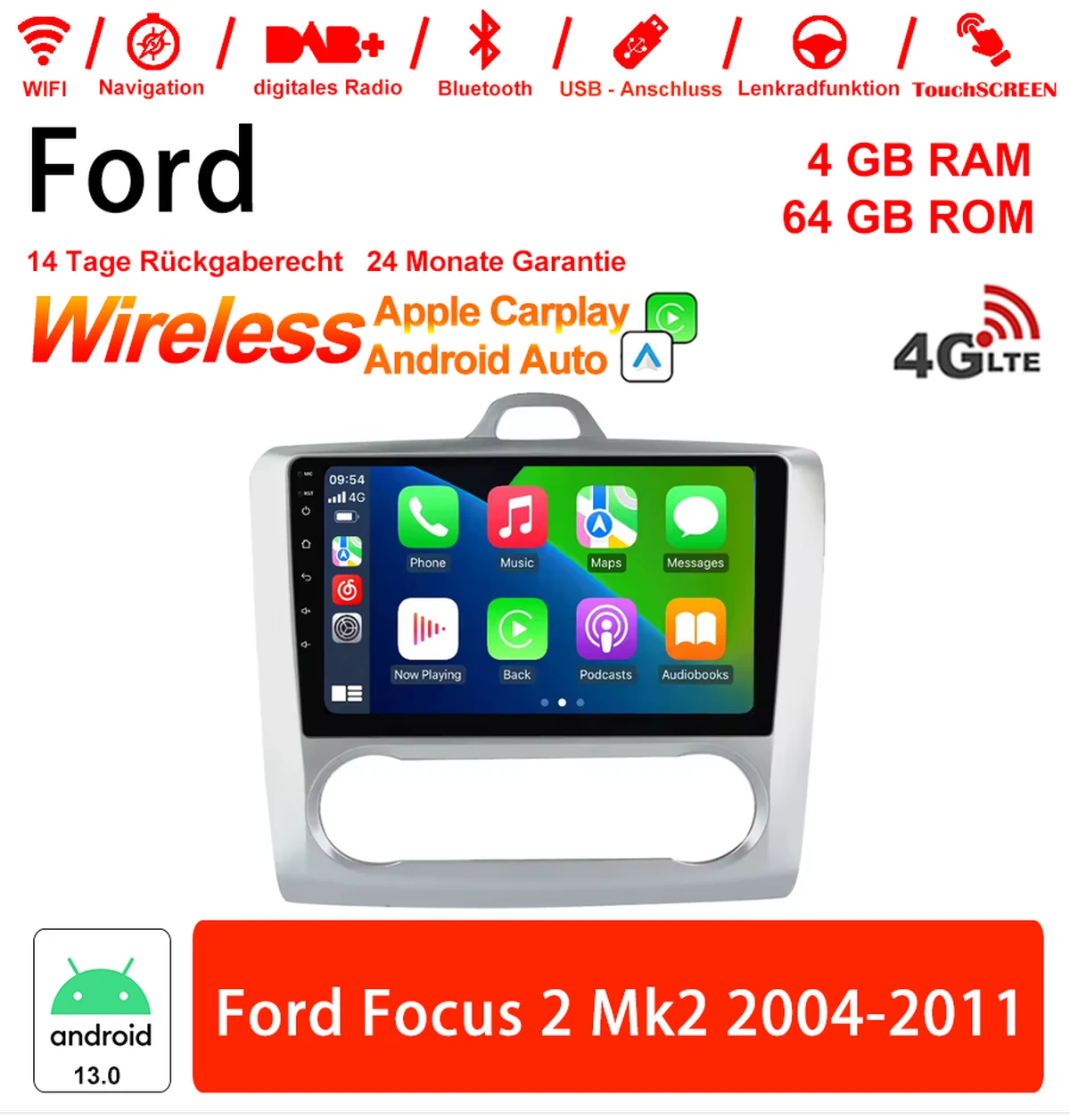 9 inch Android 13.0 car radio / multimedia 4GB RAM 64GB ROM for Ford Focus 2 Mk2 2004-2011