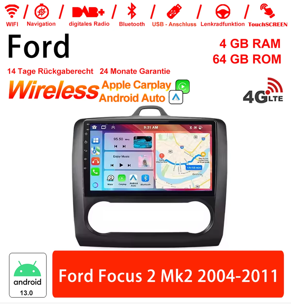 9 inch Android 13.0 car radio / multimedia 4GB RAM 64GB ROM for Ford Focus 2 Mk2 2004-2011