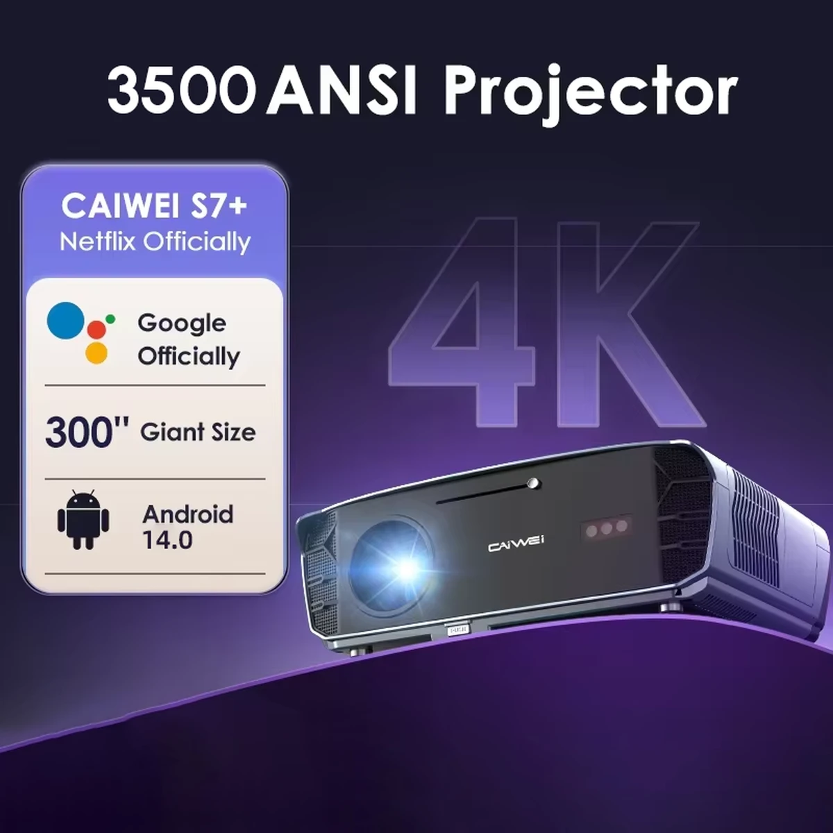 Projecteur CAIWEI S7+ [Licence officielle Netflix] Android 14 4K Ultra HD Autofocus Dolby 3500 ANSI