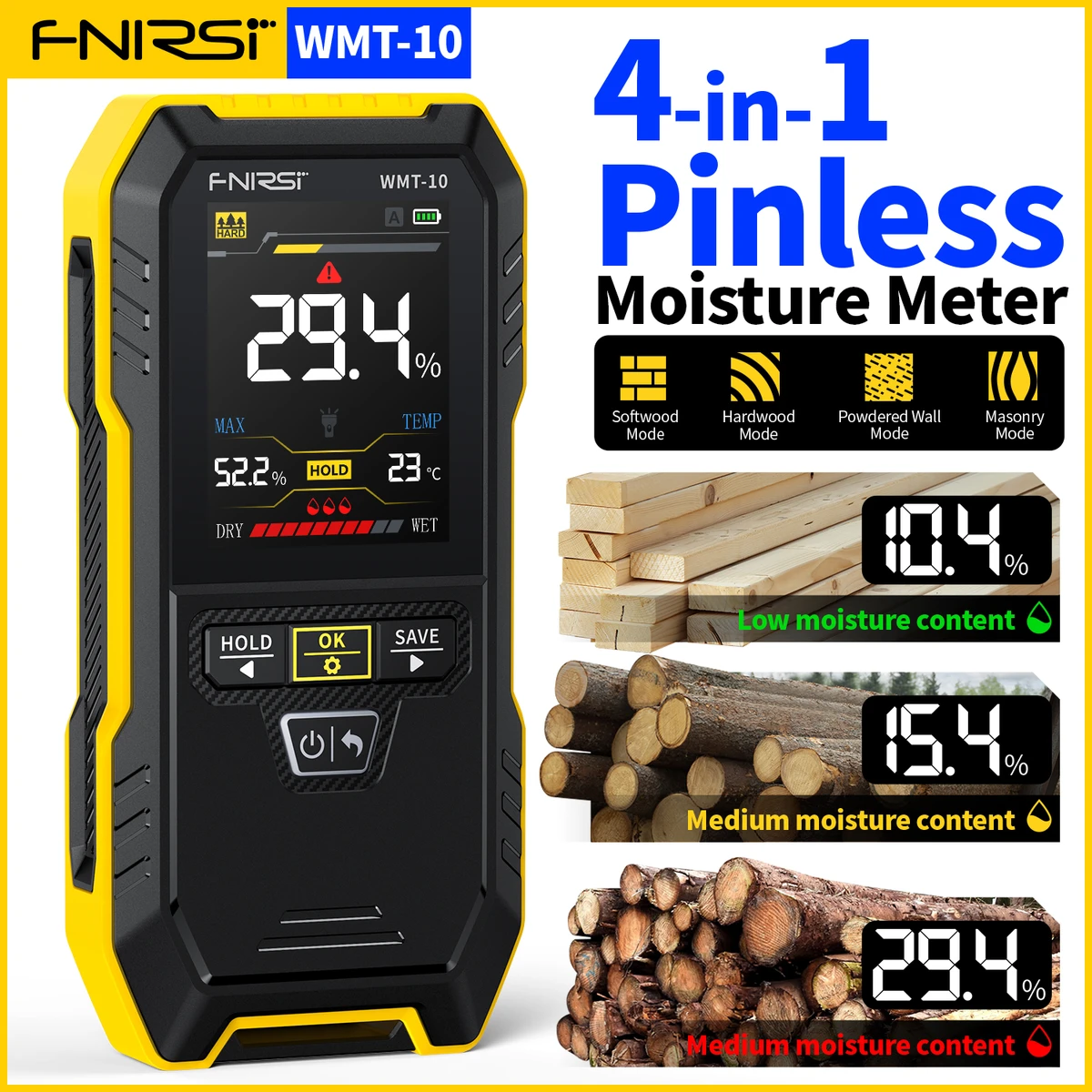 FNIRSI WMT-10 Hygromètre inductif pour bois, détecteur d'humidité murale sans contact