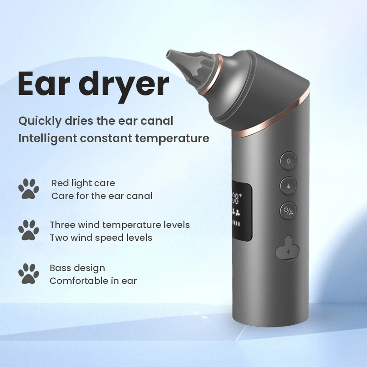 Sèche-oreilles intelligent avec thermostat –prévient la prolifération bactérienne et l'inflammation du conduit auditif,et maintient ce dernier au sec.