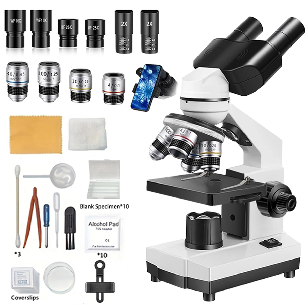 Microscope binoculaire pour adultes, grossissement 40x - 5000x HD, kit d'outils pour microscope optique de laboratoire