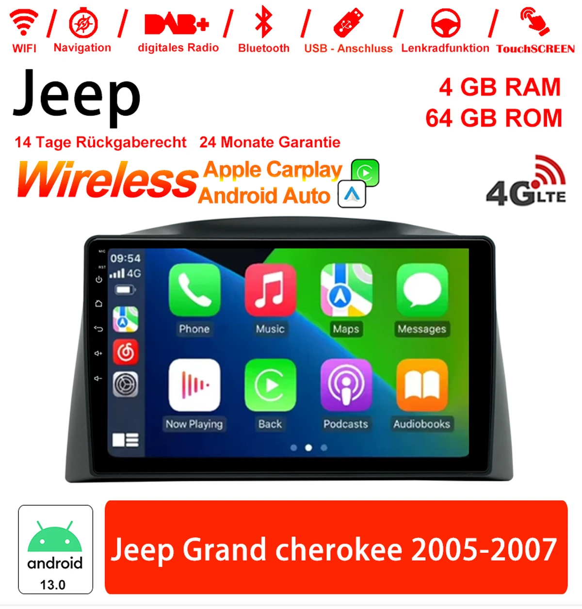 10 inch Android 13.0 car radio / multimedia 4GB RAM 64GB ROM for Jeep Grand cherokee 2005-2007