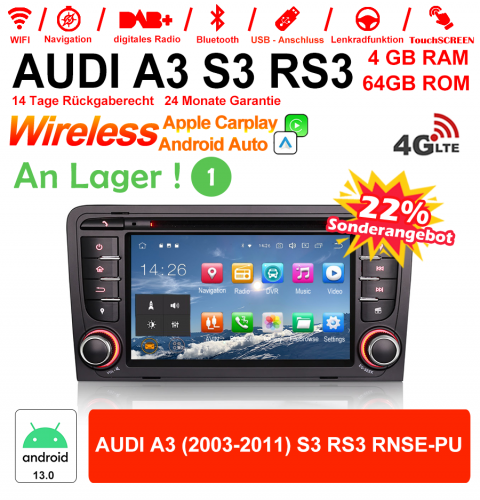7 pouces Android 13.0 Autoradio / Multimédia 4Go de RAM 64Go de RAM pour AUDI A3 (2003-2011) S3 RS3 RNSE-PU Carplay / Android Auto intégré
