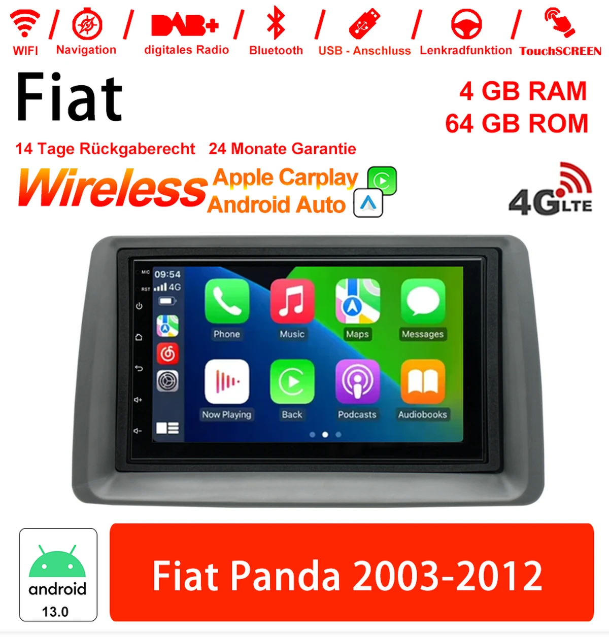 7 inch Android 13.0 car radio / multimedia 4GB RAM 64GB ROM for Fiat Panda 2003-2012