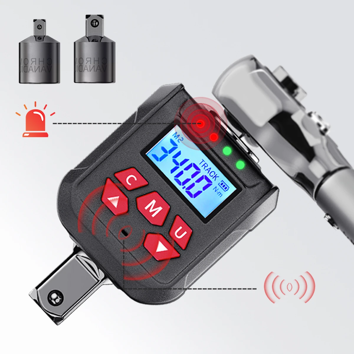 Kit d'adaptateurs de couple numériques 1/2"+1/4"+3/8", 10–400 Nm, ±2%, 500 emplacements mémoire, 9 préréglages