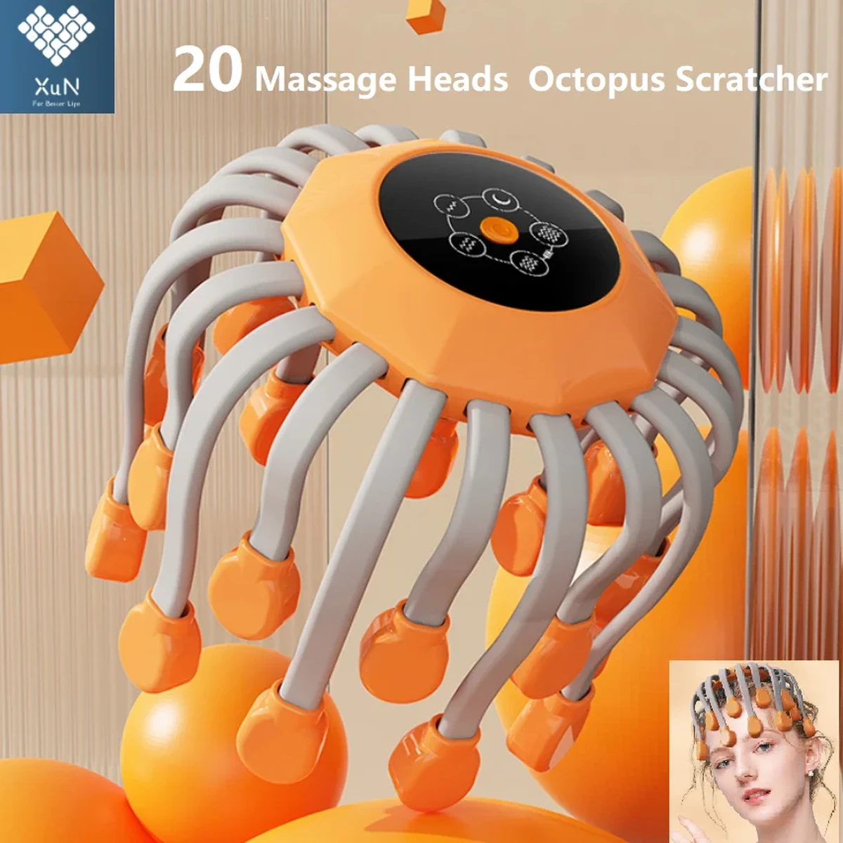20 têtes de massage, masseur de cuir chevelu orange, vibromasseur à lumière rouge, gratte-tête pieuvre pour la relaxation, le stress et les migraines