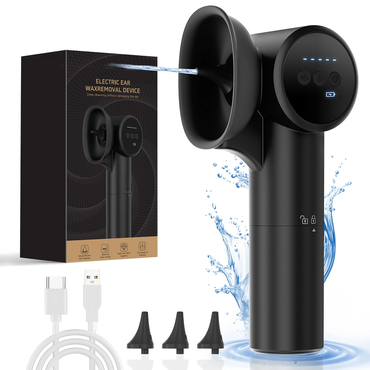 Kit d'élimination du cérumen avec 5 réglages de pression pour hydropulseur auriculaire avec réservoir d'eaux usées