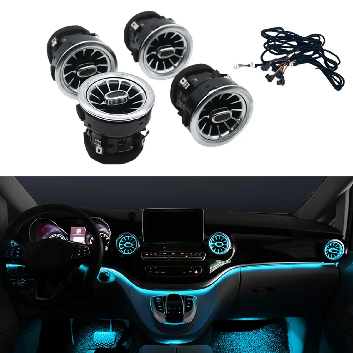 Buse d’aération intérieure de tableau de bord avant avec LED, style turbo, pour Mercedes-Benz Classe V / EQV / Vito / Viano / Valente / Metris (W447)