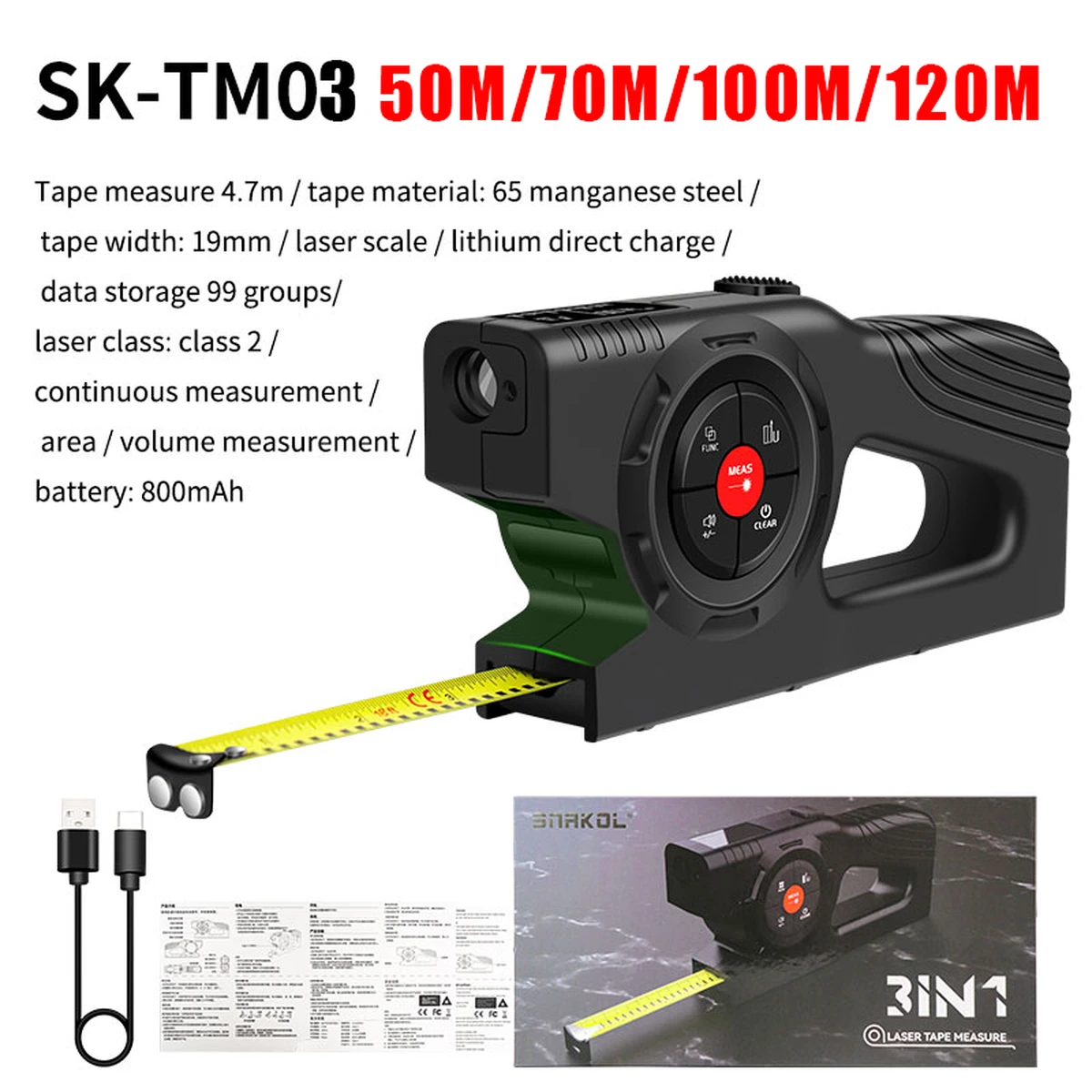 Télémètre laser 3 en 1, portée de 120 m, mètre ruban, règle, écran LCD, télémètre pour bâtiments