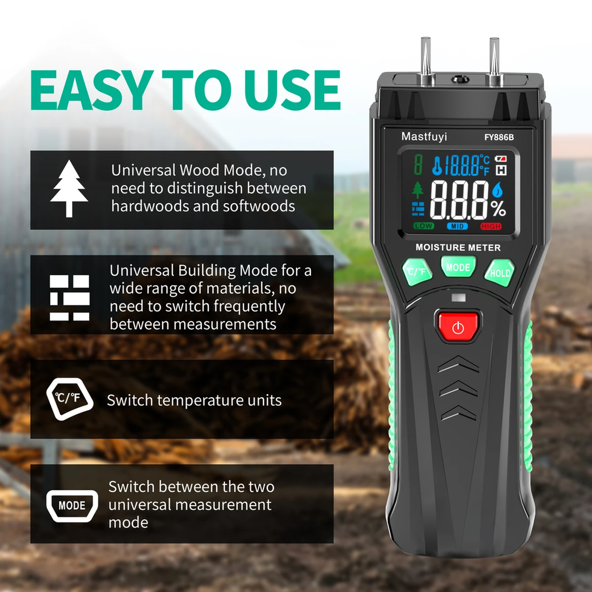 Humidimètre multifonctionnel bipolaire pour la mesure de l'humidité du bois, des murs et du béton, avec écran LCD numérique.