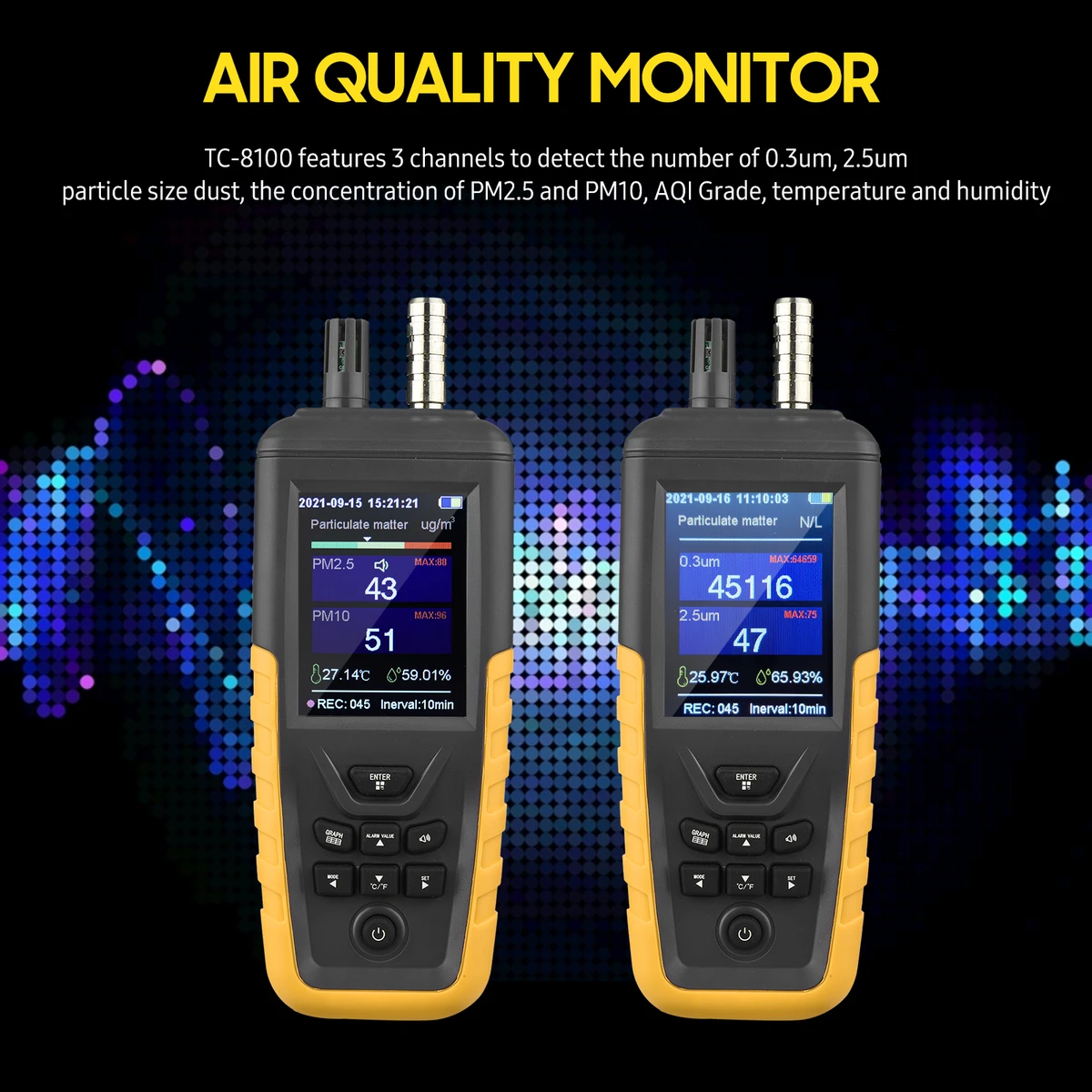 Compteur de particules de poussière et moniteur de qualité de l'air TC-8100, haute sensibilité, 3 canaux PM0,3/2,5/10 µm