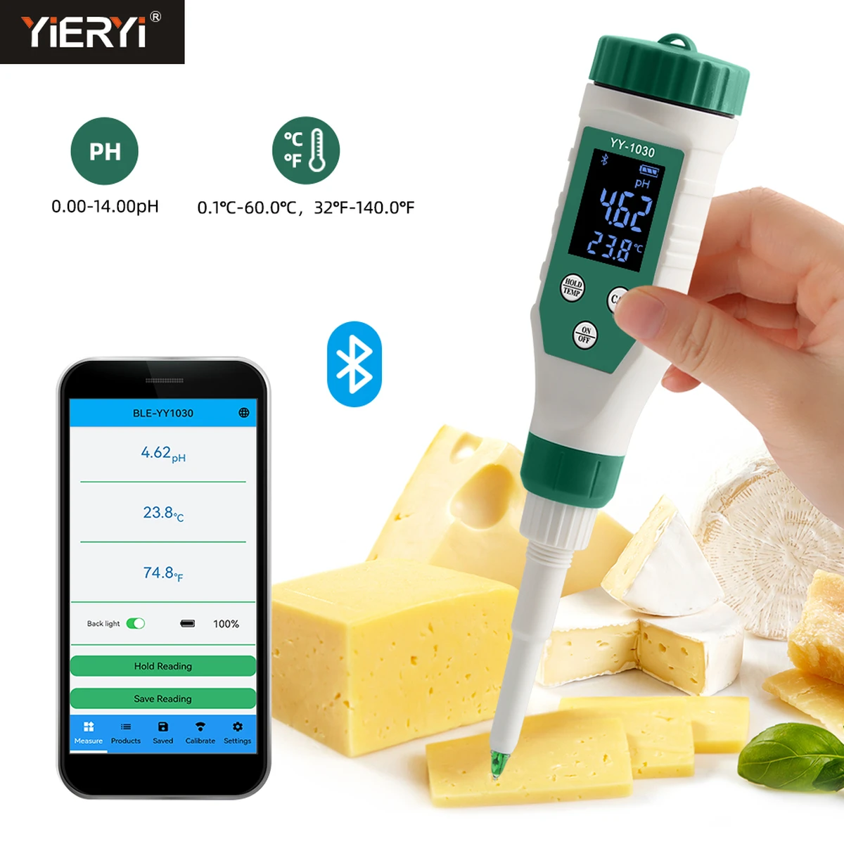 pH-mètre alimentaire numérique Bluetooth, 0,00–14,00, capteur haute précision, testeur intelligent de température et d'acidité