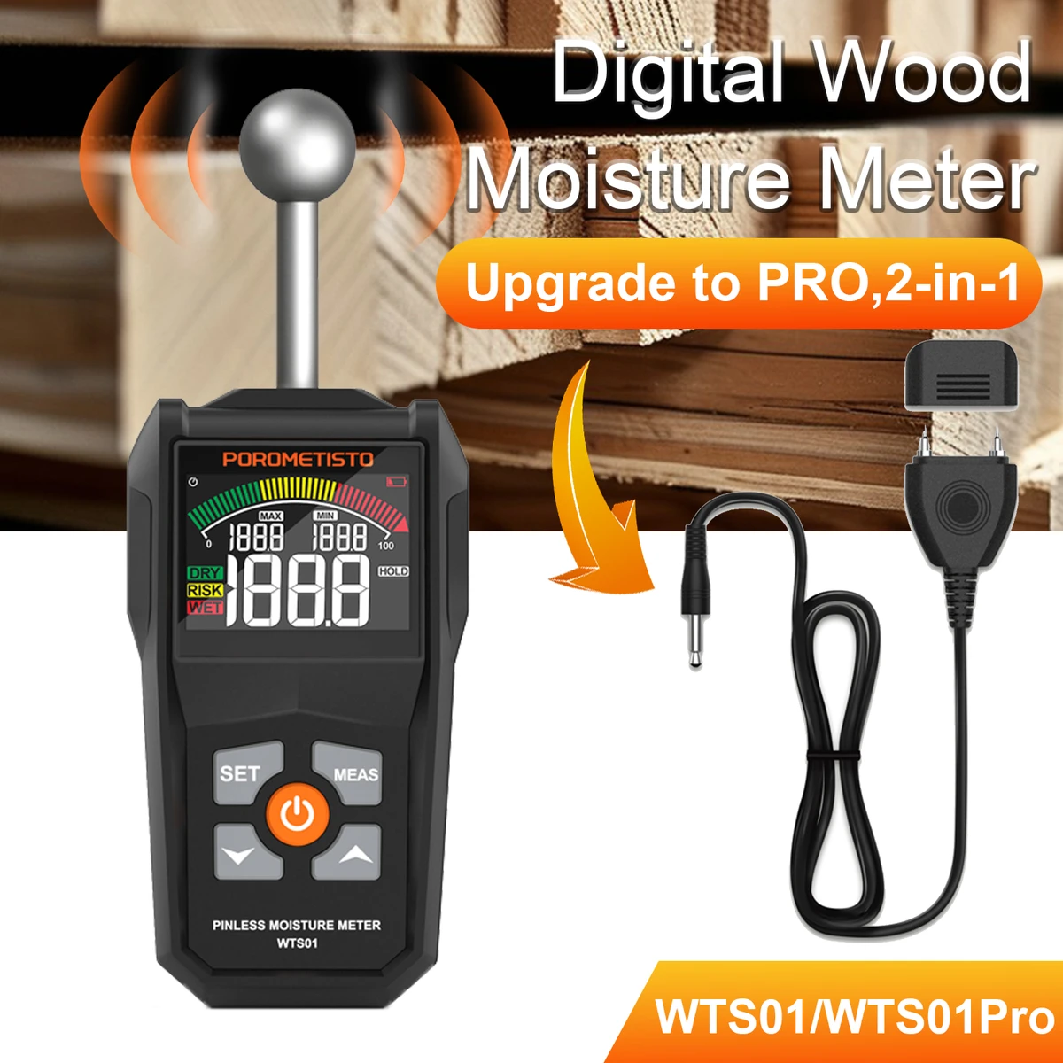 WTS01Pro 2-en-1 Humidimètre numérique pour bois, détecteur d'humidité avec et sans broches, de 0 à 99,9 %