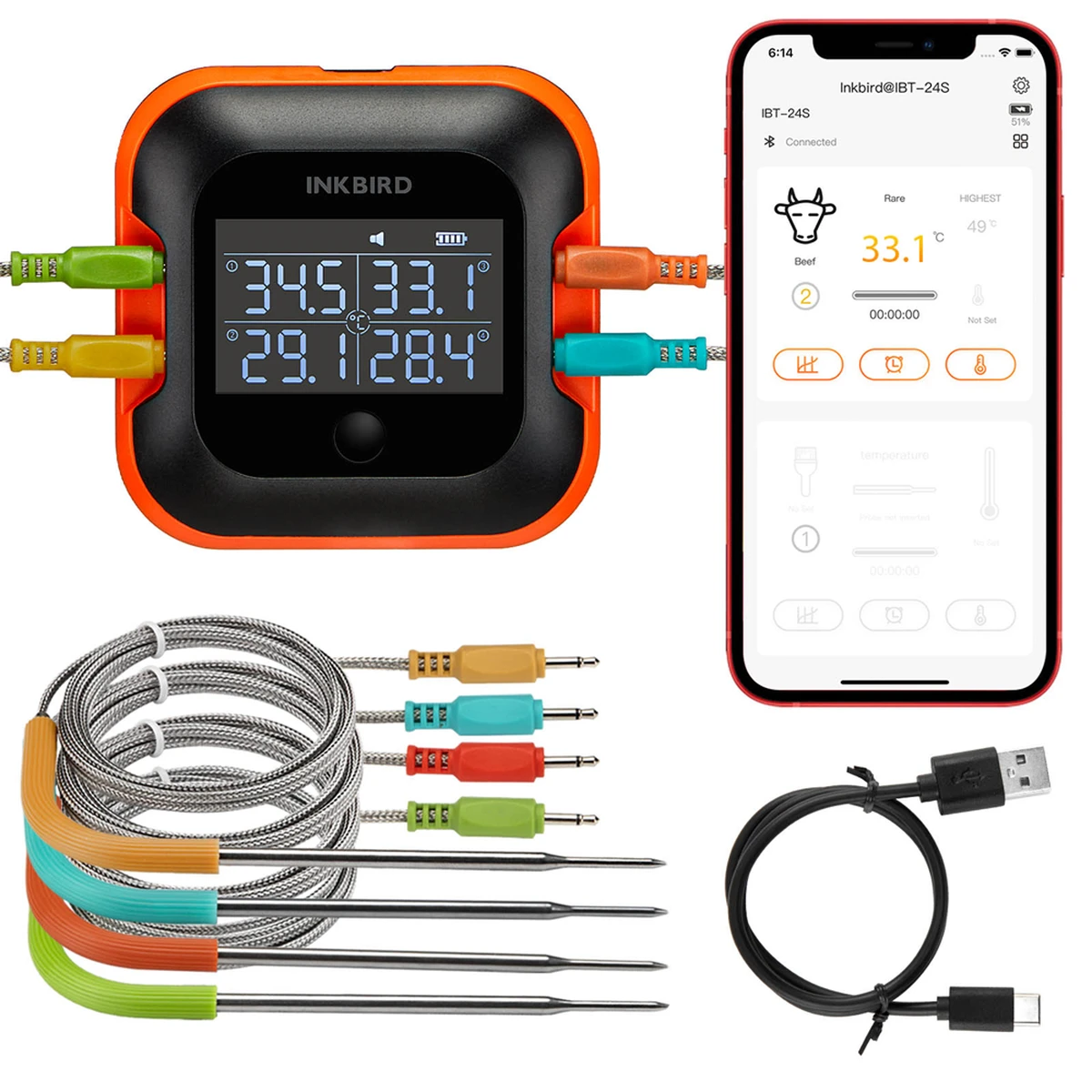 Thermomètre à viande INKBIRD pour barbecue, 4 sondes IBT-24S avec application intelligente et écran LCD pour barbecue, fumoir et four.