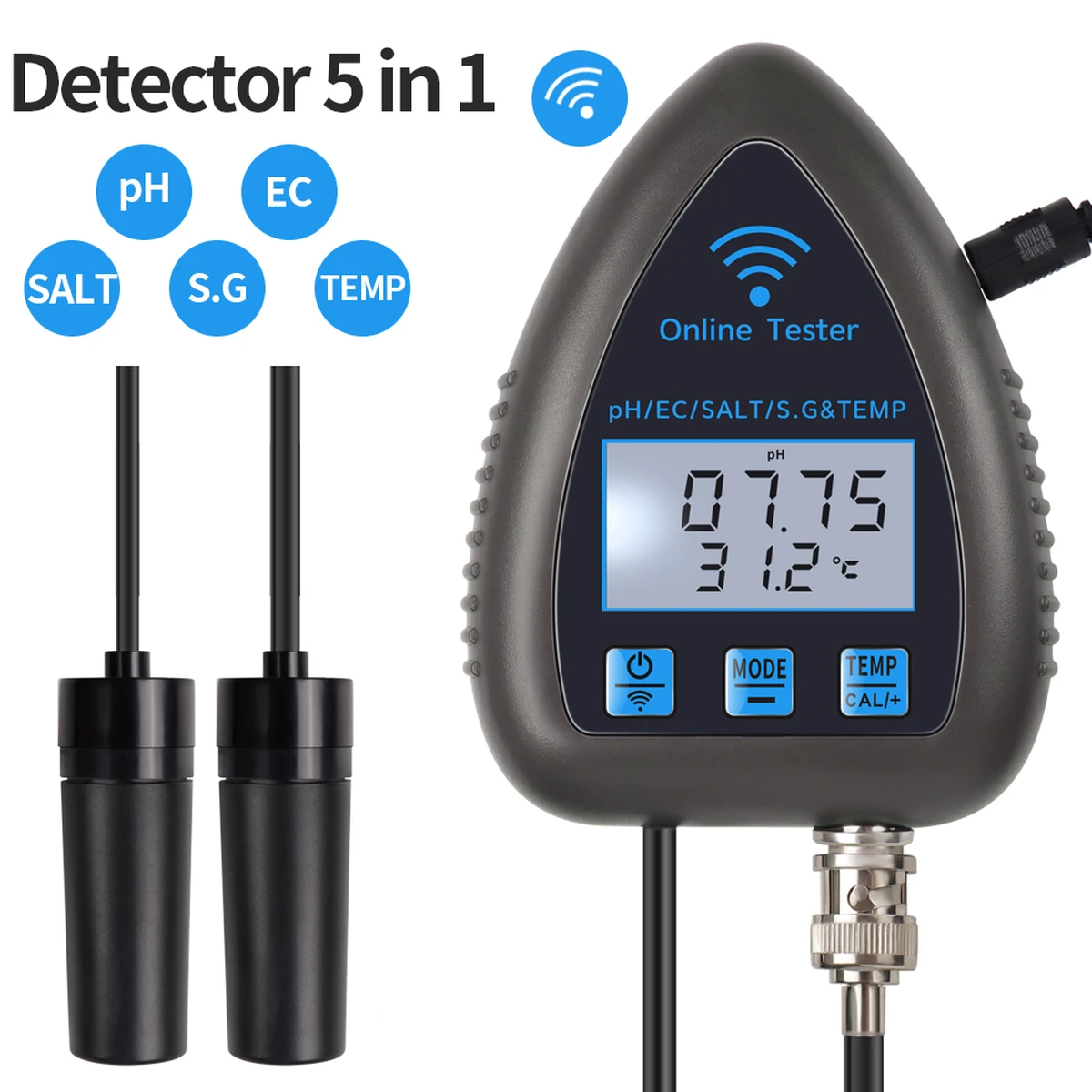 Analyseur d'eau Bluetooth Tuya WiFi 5-en-1 (TDS/EC/SEL/PH/SG/TEMP)