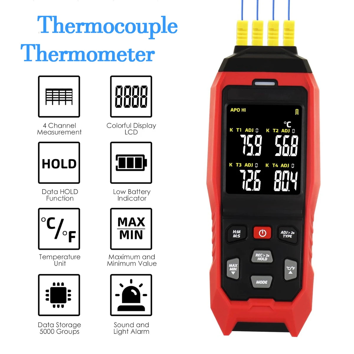 Thermomètre à thermocouple 4 canaux, enregistreur de température de type K avec alarme sonore et visuelle et enregistrement des données