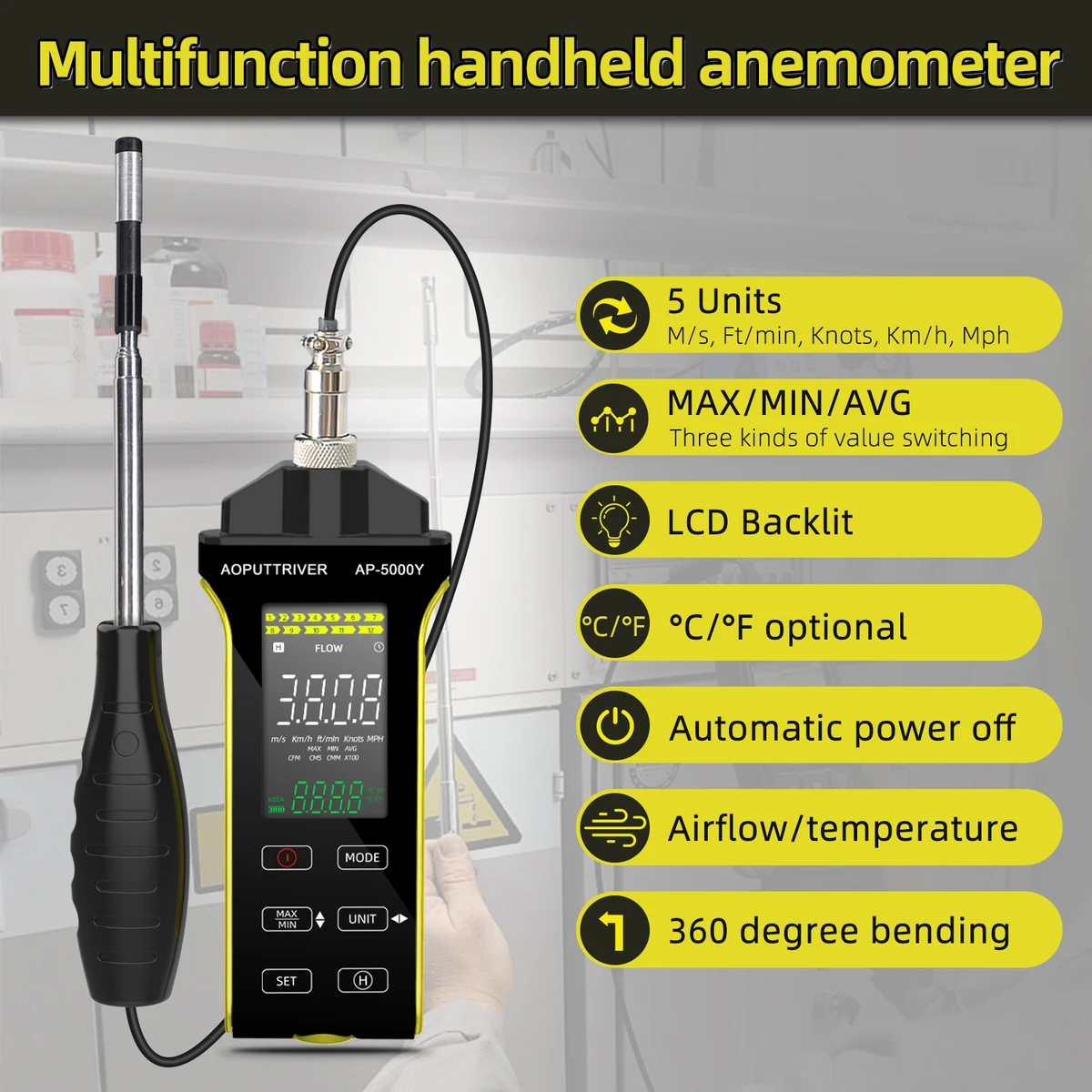 Anémomètre à induction thermique 5000Y, mesure par capteur de débit d'air à fil chaud