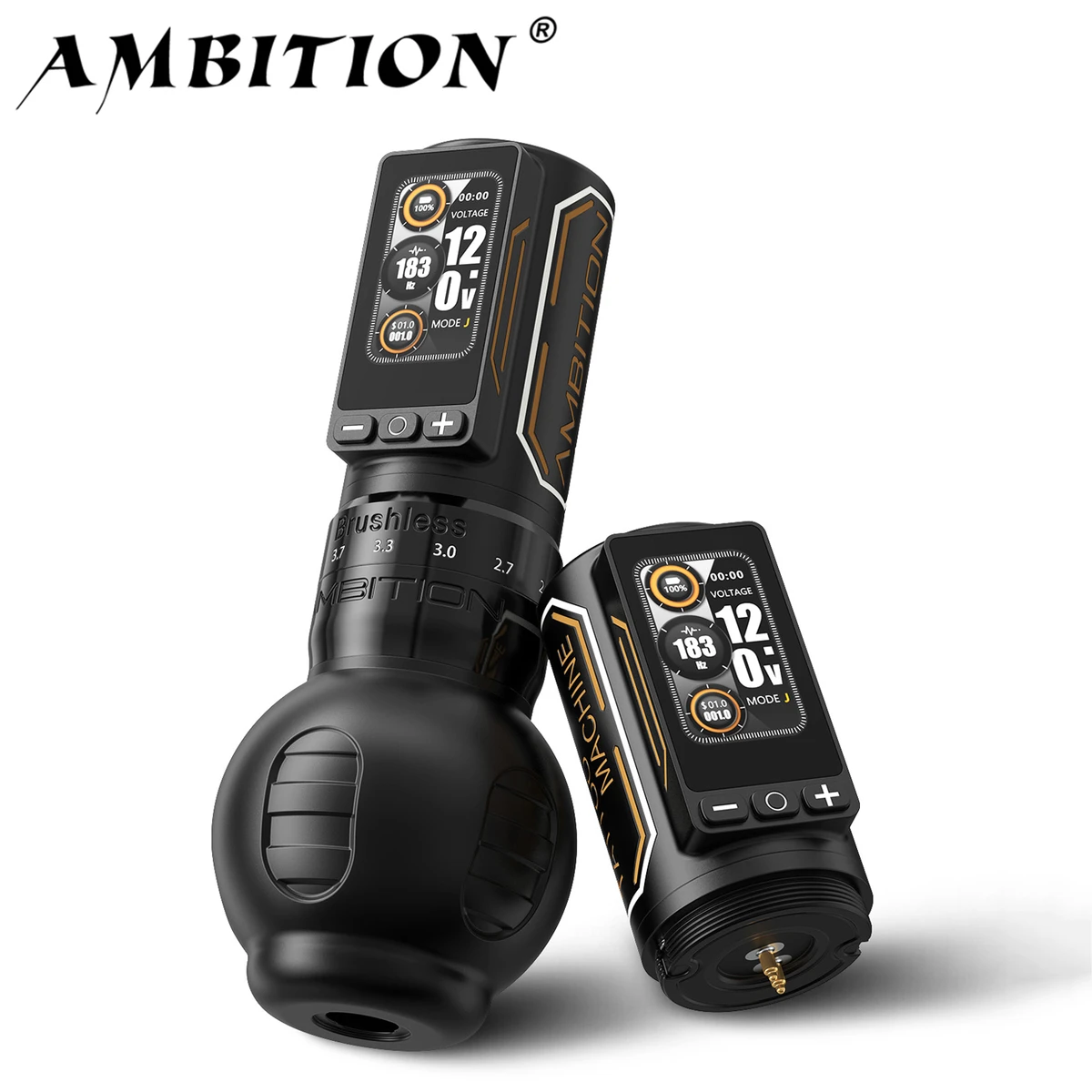 Ambition Ninja Max 280 cordless tattoo machine, 2.4 mm–4.5 mm, adjustable stroke, 54 mm + 34 mm handle, brushless motor
