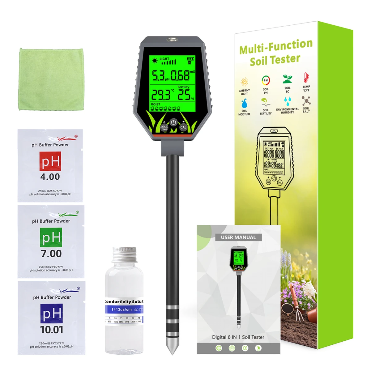 6-in-1 Soil pH-EC Meter, Fertility, Moisture Test, Detector, Sunlight Monitor for Flowering Plants