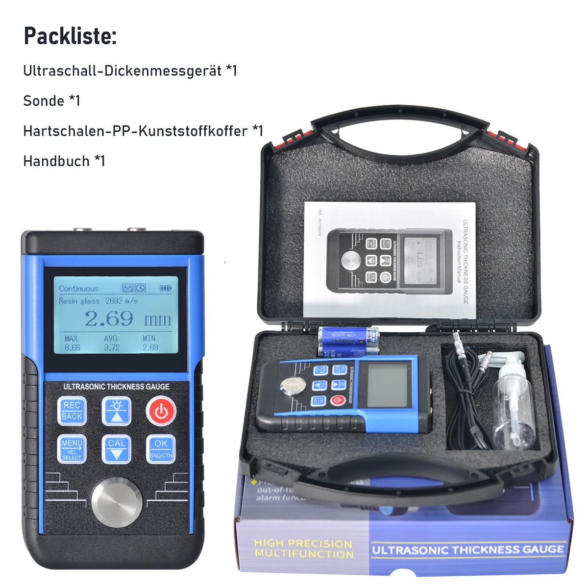 Digital ultrasonic thickness gauge, 1.0-350mm paint thickness tester for metal, glass, PVC, acrylic