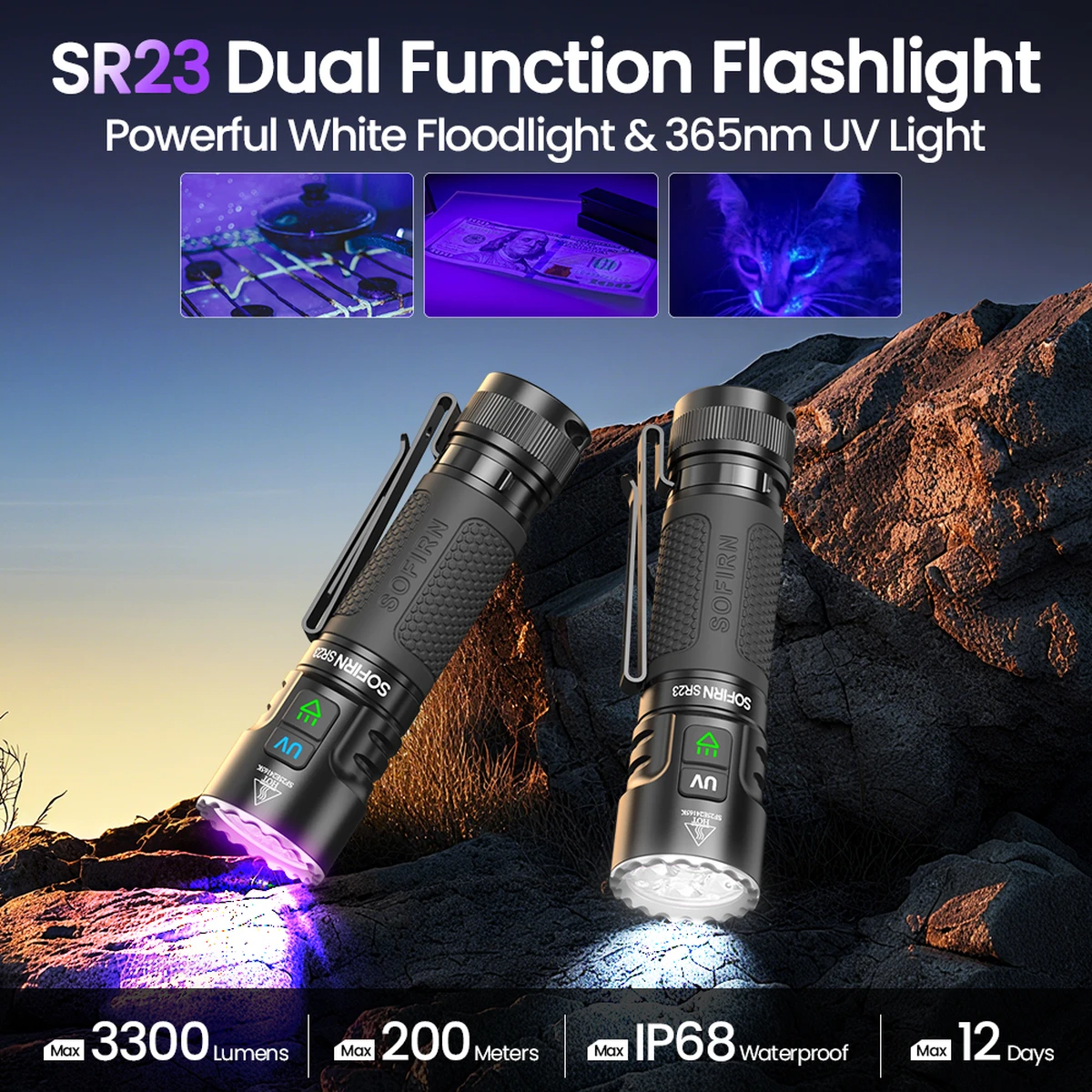 Lampe torche Sofirn SR23 EDC 3000LM 6500K UV 365 nm SST08 21700 rechargeable USB-C