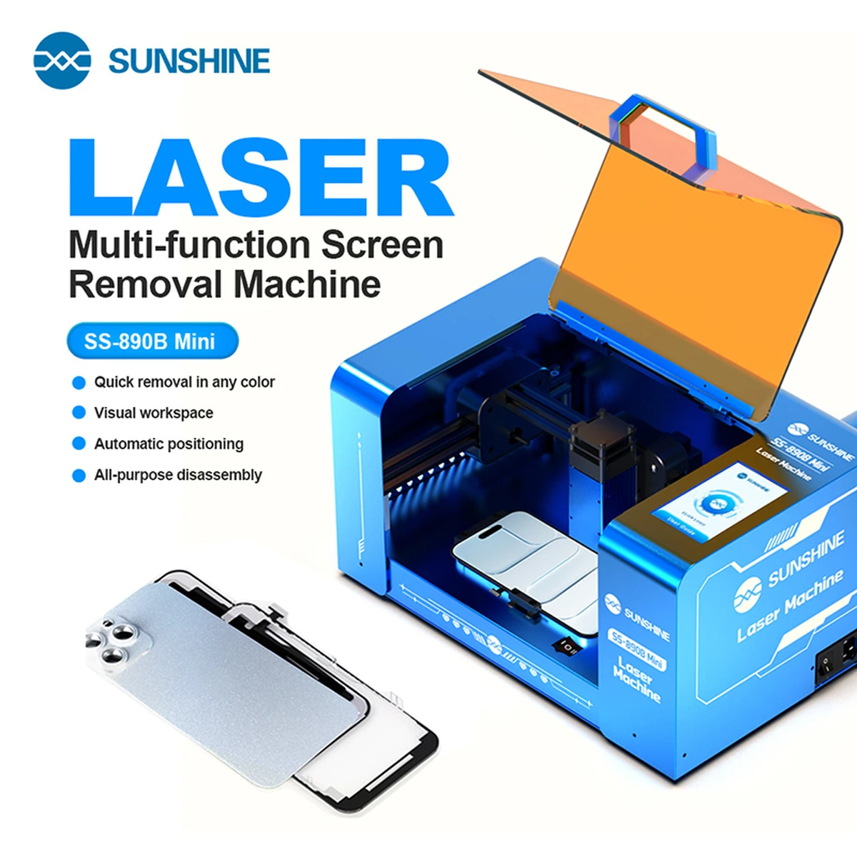 La mini machine de retrait d'écran laser SUNSHINE SS-890B peut retirer la vitre arrière, les supports et autres composants.