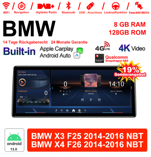 12.3 Inch Qualcomm Snapdragon 680 8 Core Android 13.0 4G LTE Car Radio USB WiFi Navi Carplay For BMW X3 / X4 Serie