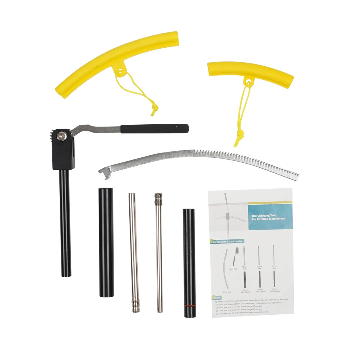 Kit d'outils pour le changement de pneus de motos tout-terrain (roues de 16 à 21 pouces). Comprend des axes de 15/17/20/25 mm.