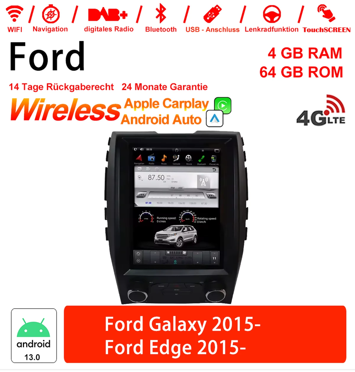 10 inch Android 13.0 car radio / multimedia 4GB RAM 64GB ROM for Ford Galaxy Ford Edge 2015-