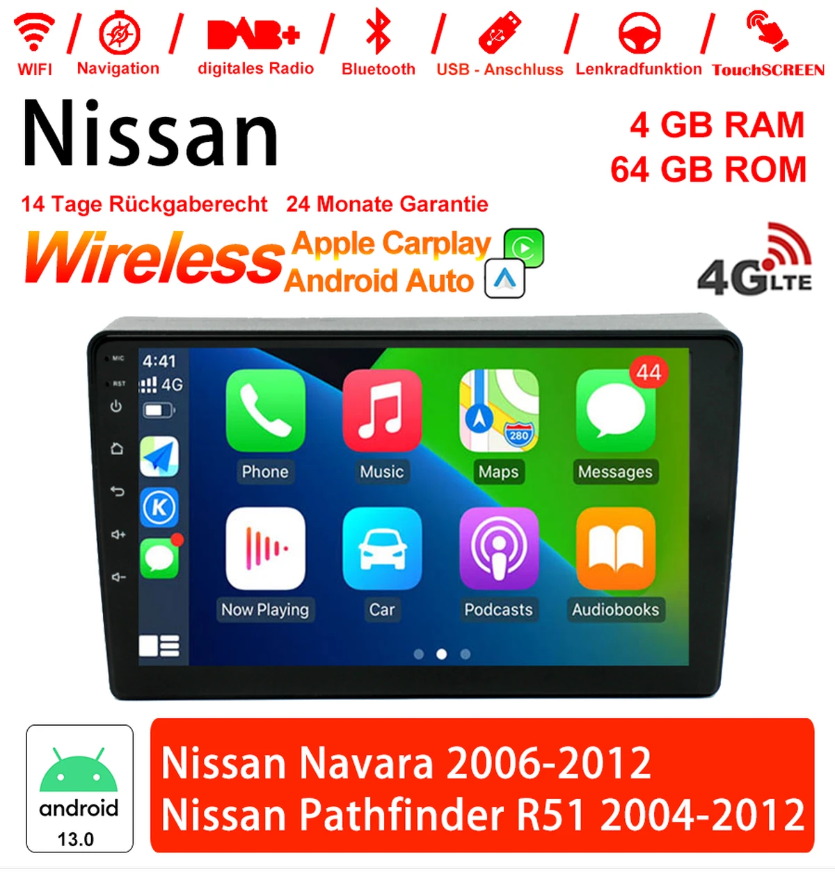 9 inch Android 13.0 car radio / multimedia 4GB RAM 64GB ROM for Nissan Navara 2006-2012 Nissan Pathfinder R51 2004-2012