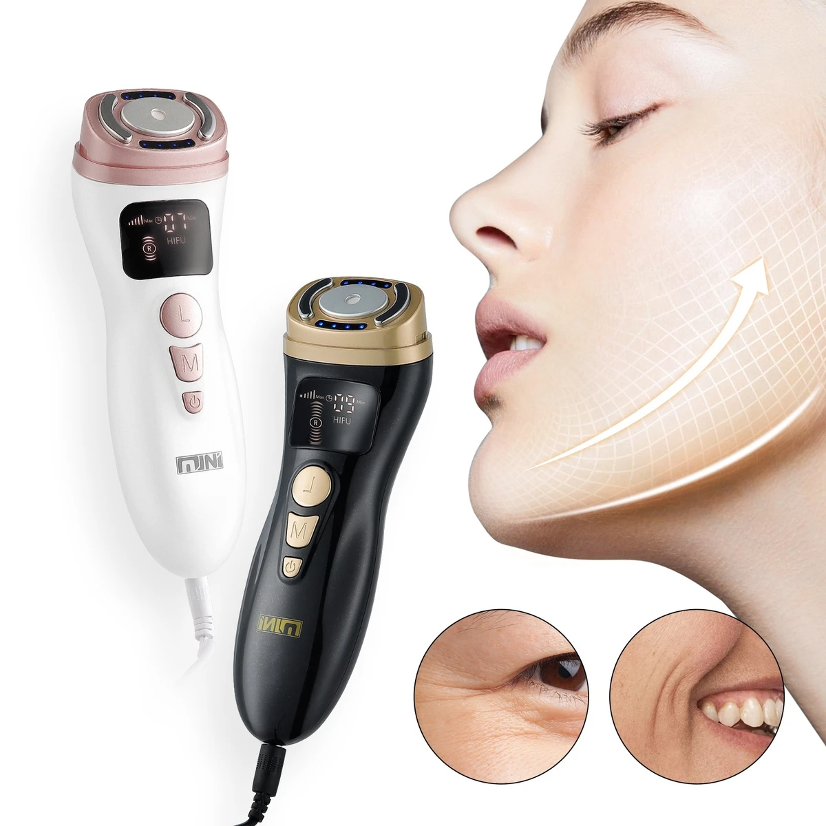 Appareil de lifting facial par ultrasons RF EMS HIFU pour le raffermissement de la peau du visage, du menton, du cou et des yeux. Masseur anti-rides.