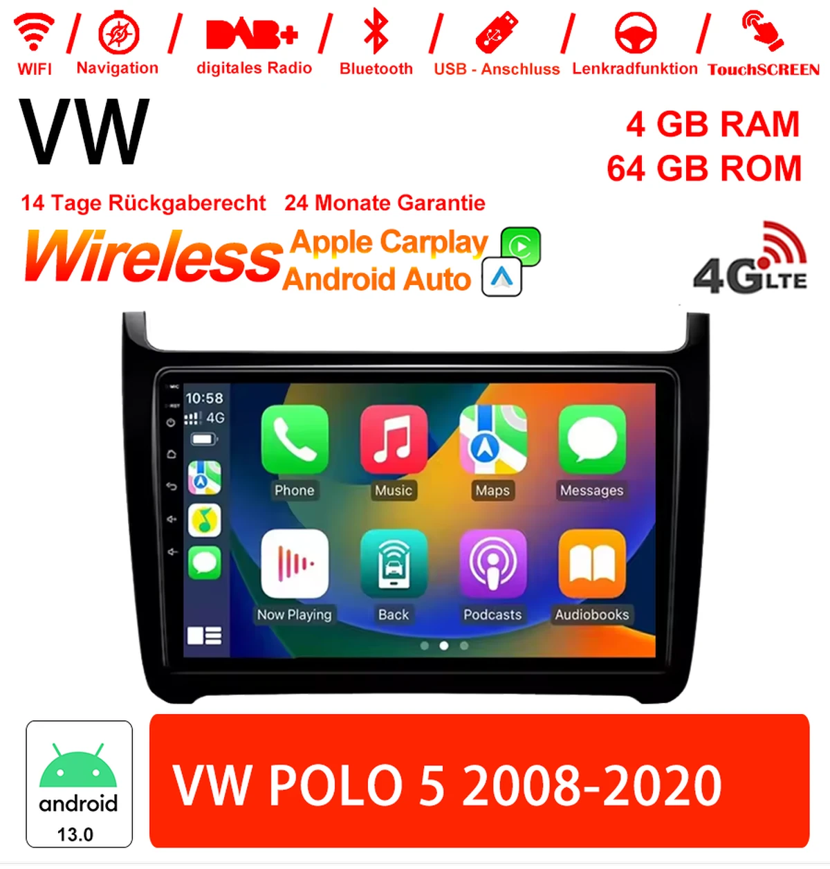 9 inch Android 13.0 4G LTE Car Radio / Multimedia 4GB RAM 64GB ROM For VW POLO 5 2008-2020 Built-in Carplay / Android Auto