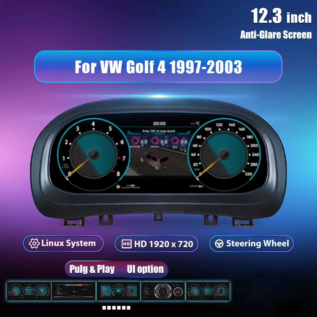 12.3'' LCD Digital Instrument Cluster for VW Golf 4 Jetta MK4 Bora 1997–2005 – Virtual Instrument Panel