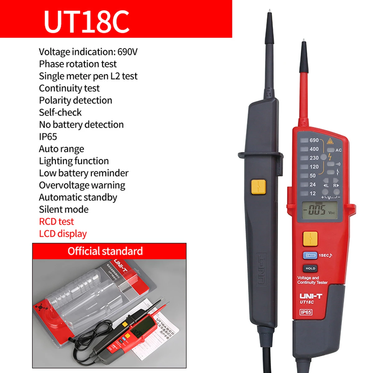 UNI-T UT18C/UT18D Digital Voltmeter & Tester – AC/DC 690V, Continuity, LCD, 3-Phase, RCD Electrical Tester
