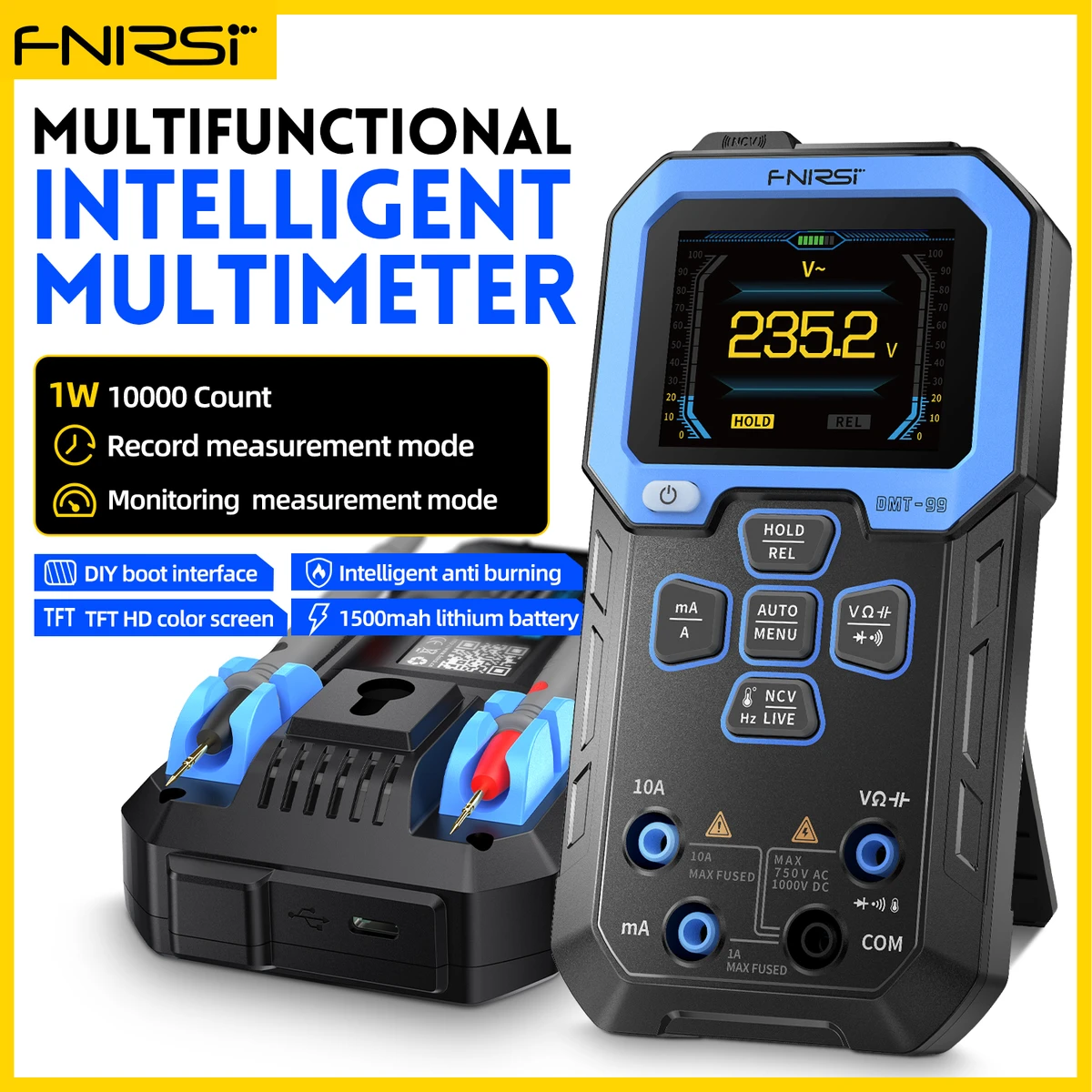 FNIRSI DMT-99 Digital Voltage and Current Tester 9999 counts 1000V 10A True RMS Auto Range AC DC Ohm Hz Capacitance