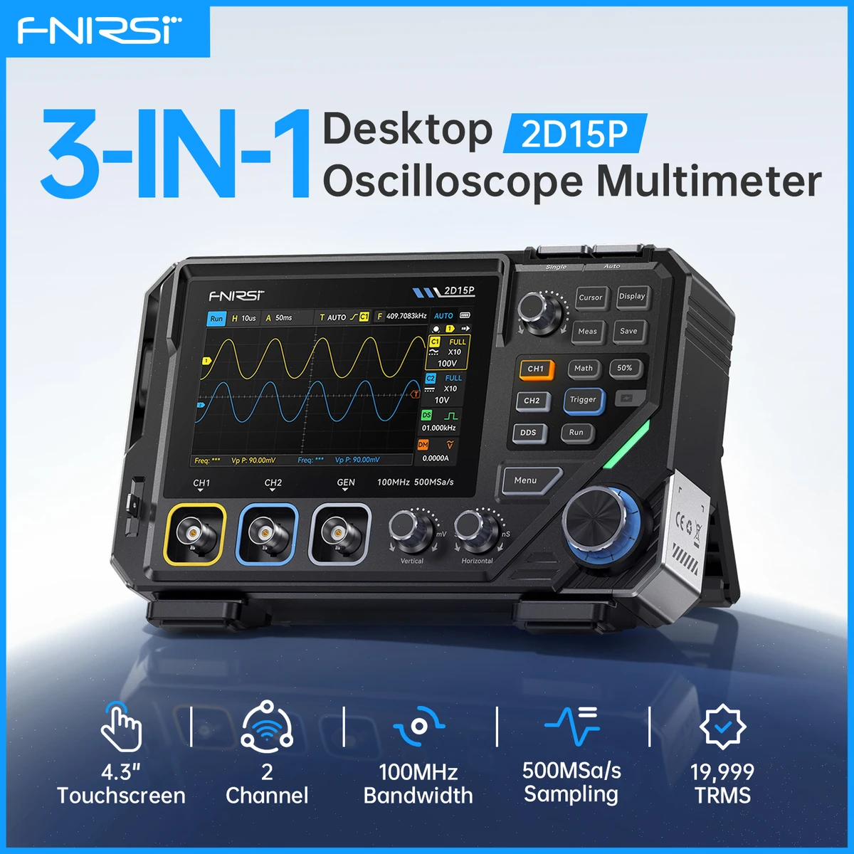 Générateur de signaux multimètre oscilloscope numérique FNIRSI 2D15P, 2 canaux, bande passante de 100 MHz, 500 MSa/s, 20 000 points