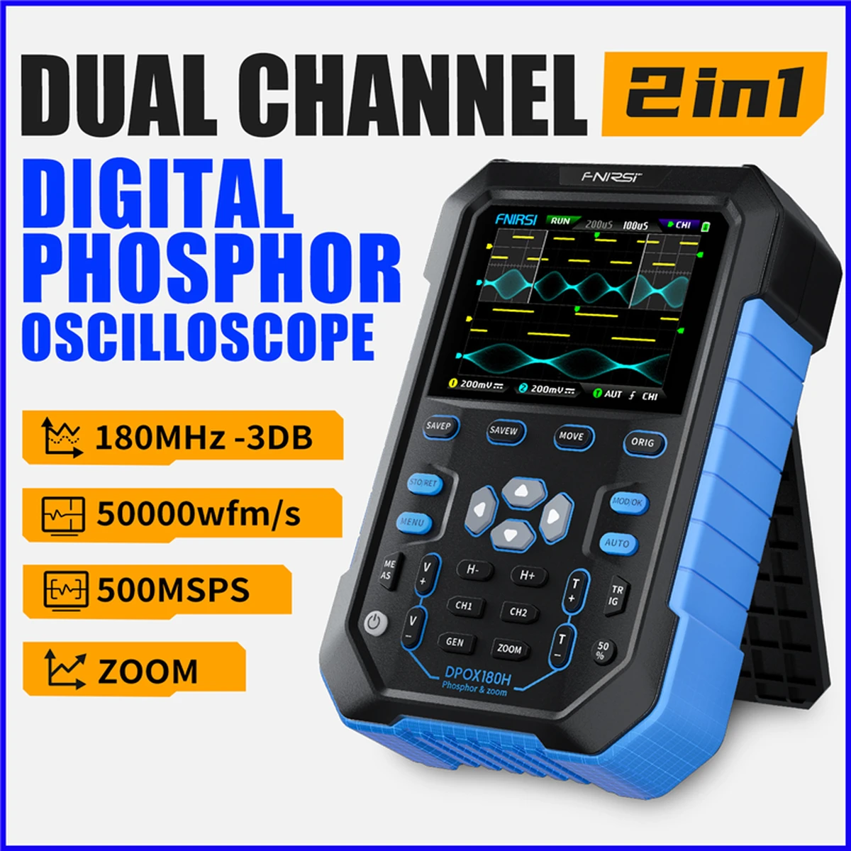 FNIRSI DPOX180H Handheld Digital Oscilloscope 180MHz, 500MSPS, 2-in-1 Signal Generator, XY Mode & Zoom Function