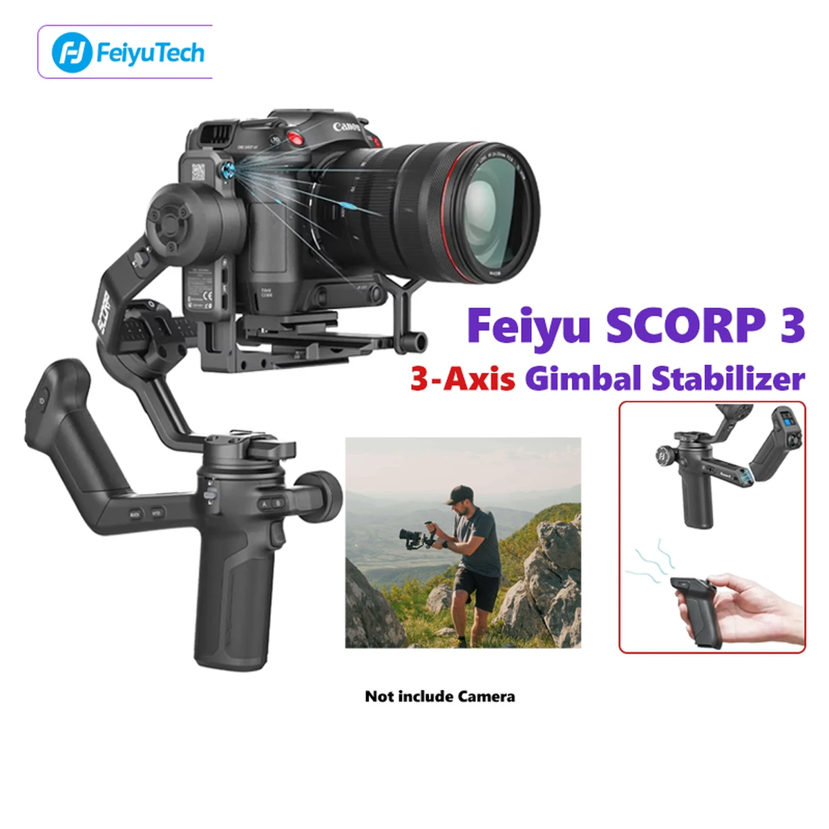 FeiyuTech SCORP 3 Stabilisateur Gimbal 3 Axes pour Appareils Photo DSLR & Hybrides – Suivi IA Intégré, Poignée Télécommande Amovible, Charge Utile 3,5