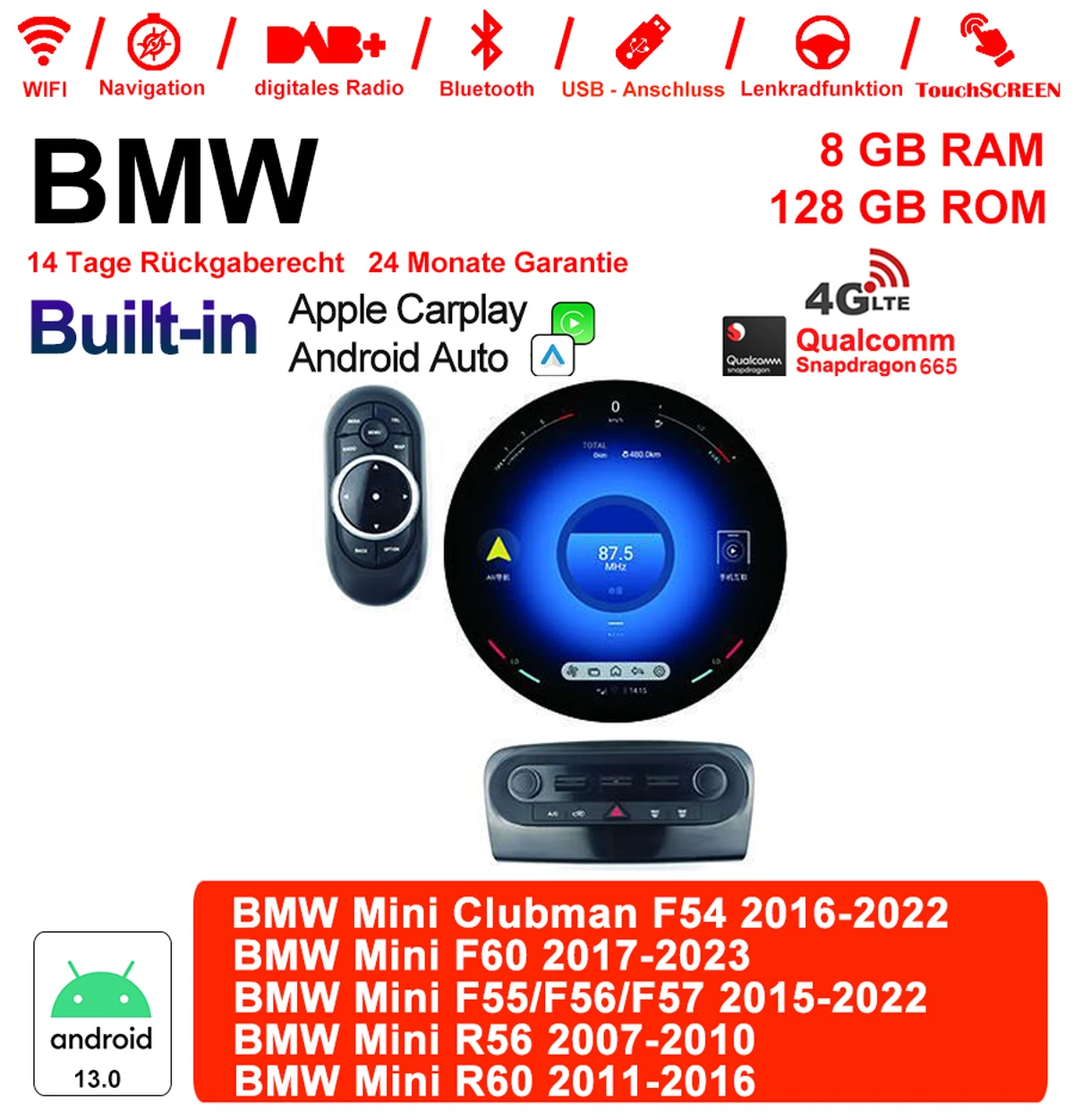 11.8 Inch Qualcomm Snapdragon 665 8 Core Android 13.0 4G LTE Car Radio / Multimedia USB WiFi Carplay For BMW MINI R56/R60 & F54/F55/F56/F57/F60
