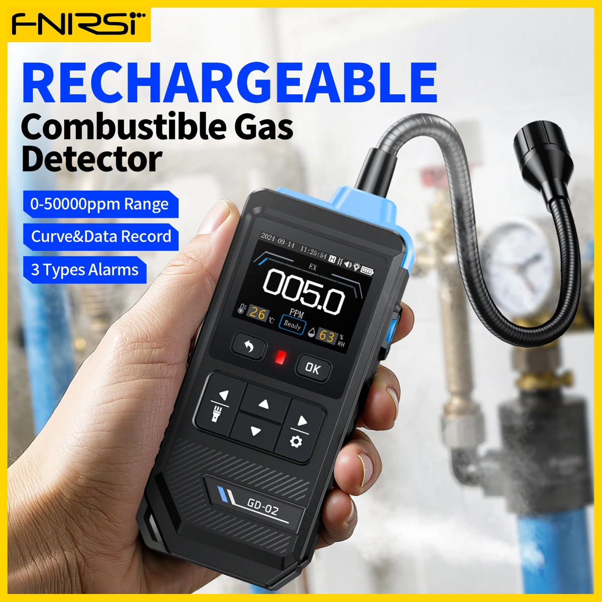Détecteur de fuites de gaz FNIRSI GD-02, 50 000 ppm, méthane naturel combustible, détection de fuites de GPL, détecteur de gaz
