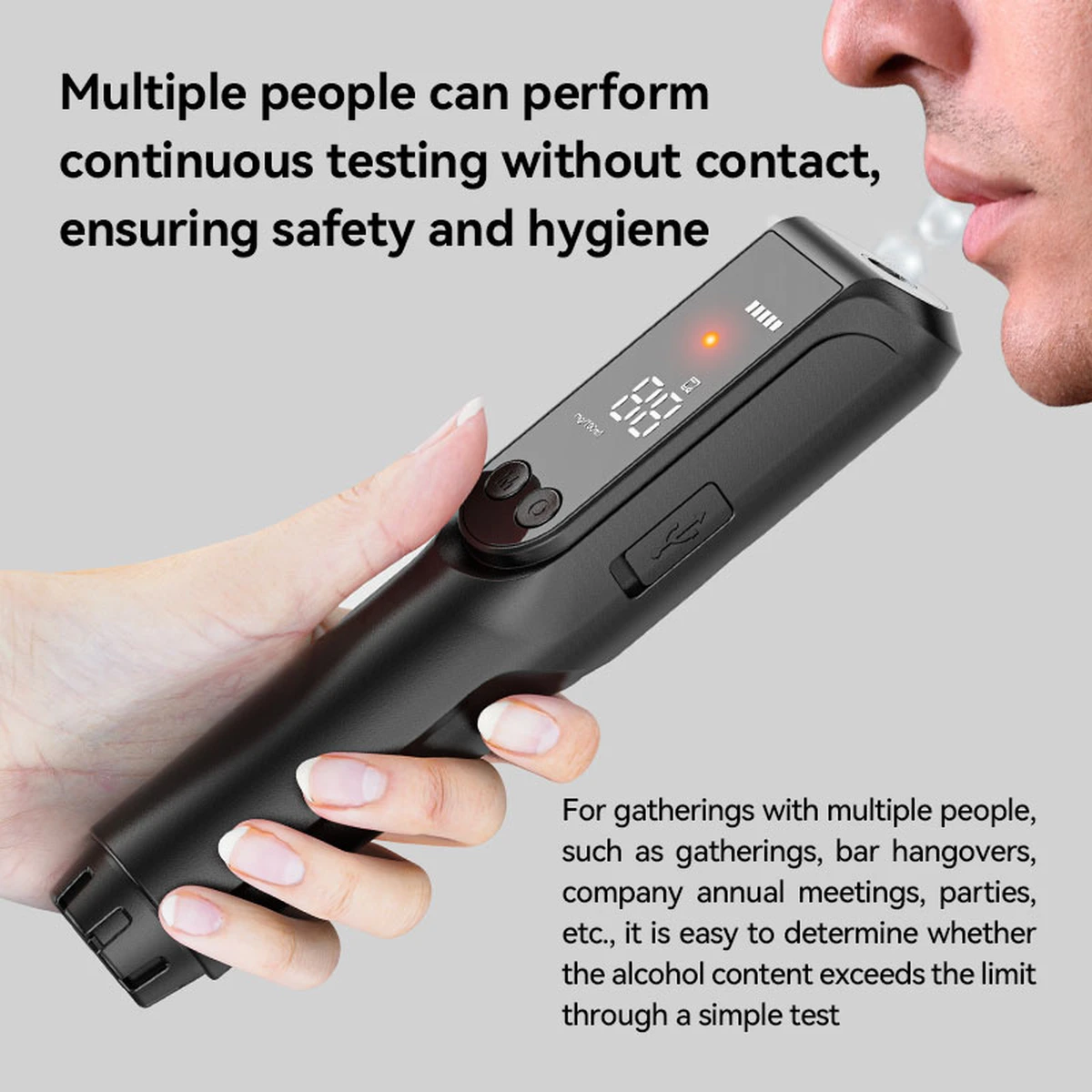 Alcootest sans contact, éthylomètre de haute précision avec grand écran HD, indicateur lumineux LED et fonction lampe torche.