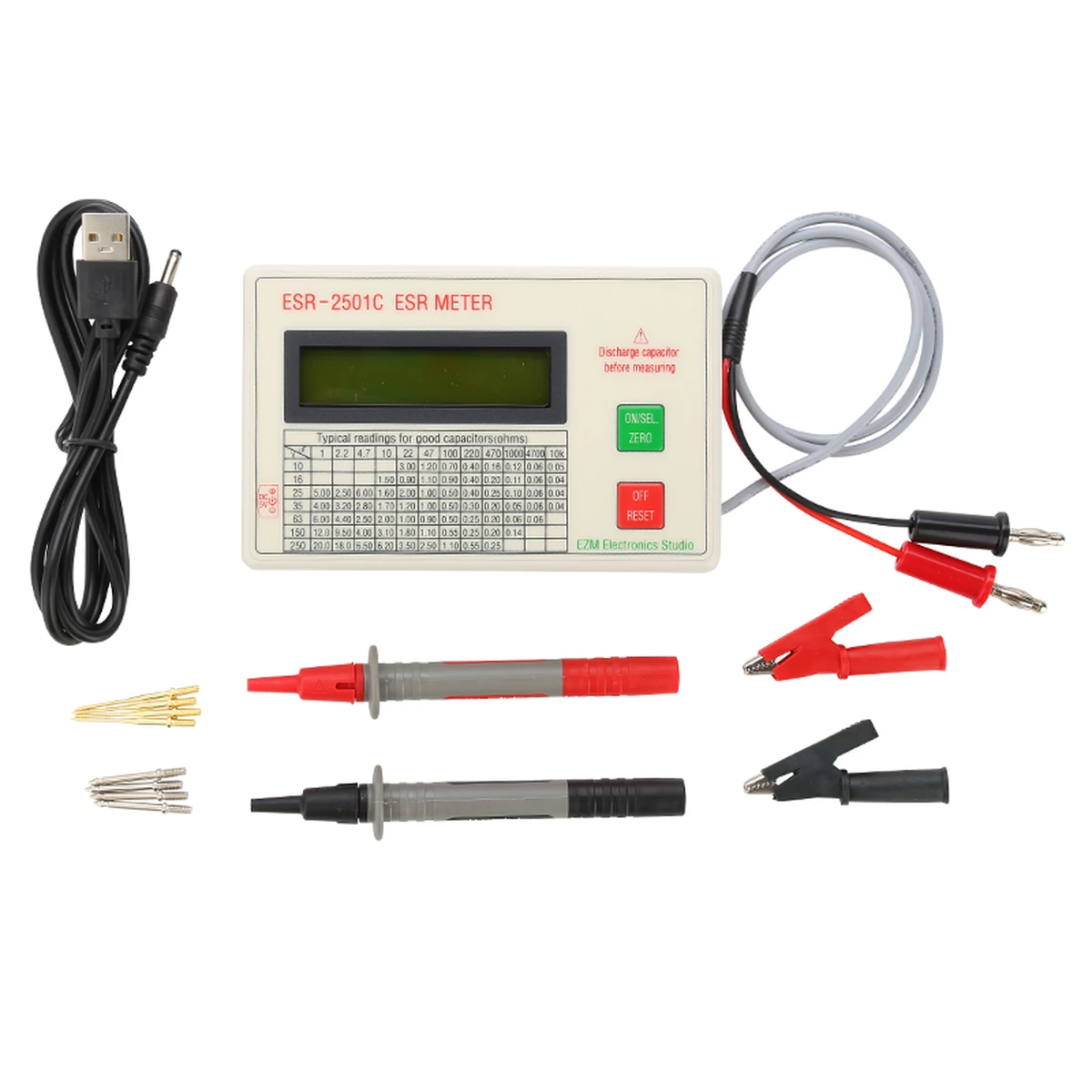 Testeur de capacité ESR2501C (résistance série équivalente/résistance dynamique) avec cordons de test et pinces pour batterie.