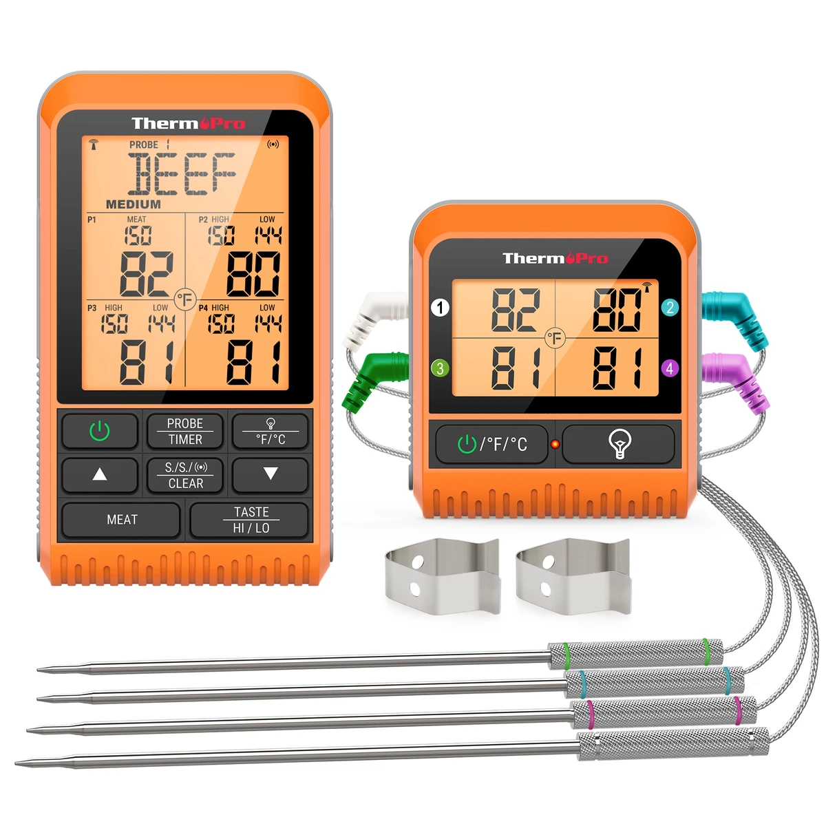 ThermoPro TP829C Thermomètre de four sans fil rétroéclairé avec 4 sondes à viande, portée 300 m, minuterie et minuterie.