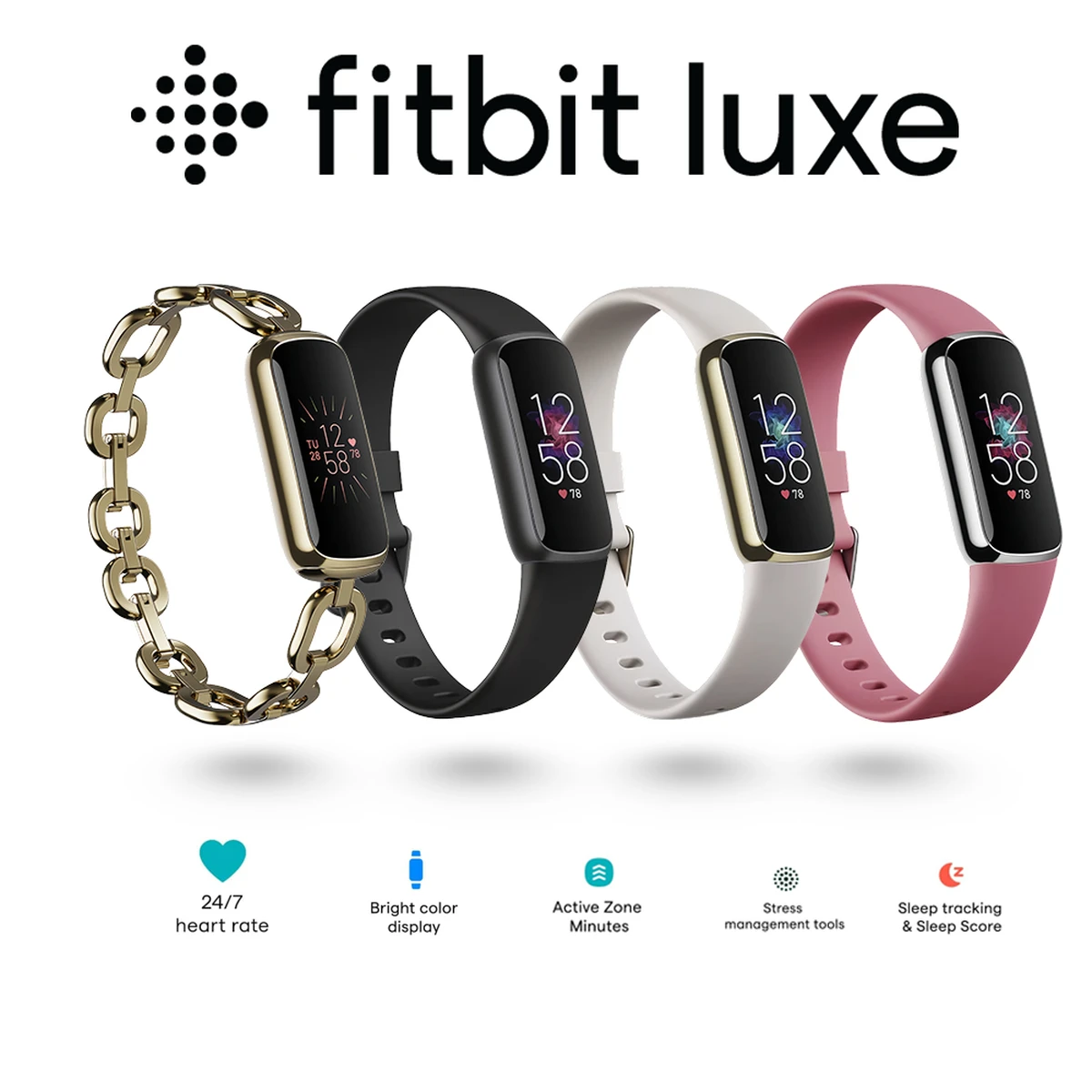 Bracelet connecté Fitbit Luxe avec écran AMOLED, moniteur de fréquence cardiaque 24h/24 et 7j/7, suivi du sommeil, de la SpO2 et du stress, et étanche